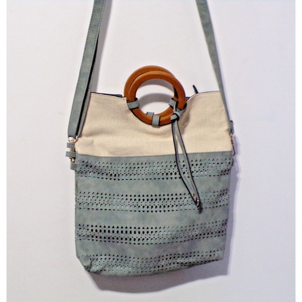 Suede & Burlap Wooden Handbag Crossbody Green & Beige 13" high x 11" wide x 1" d